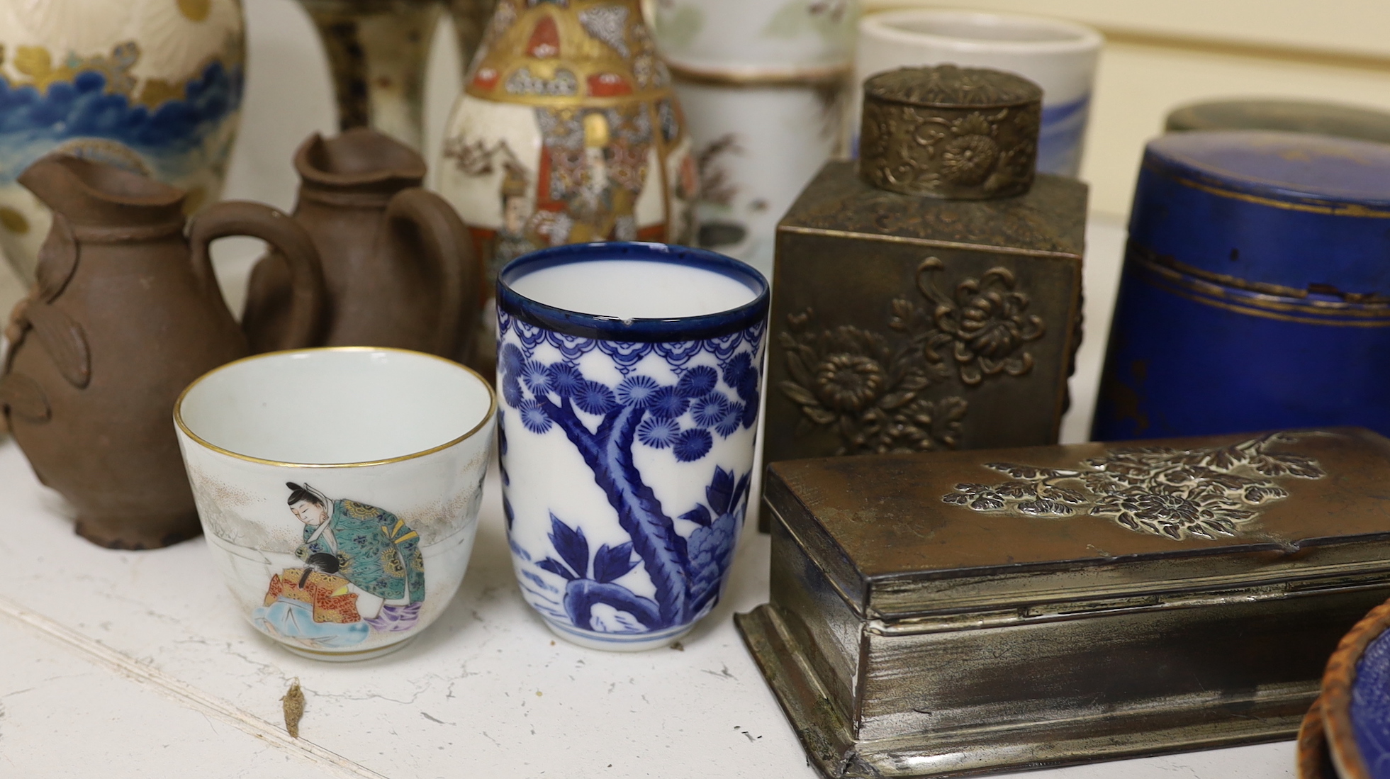 Mixed Japanese ceramics including Satsuma pottery, Japanese and Timoney boxes and covers, Chinese carved and lacquered figure, Burmese lacquer boxes etc.